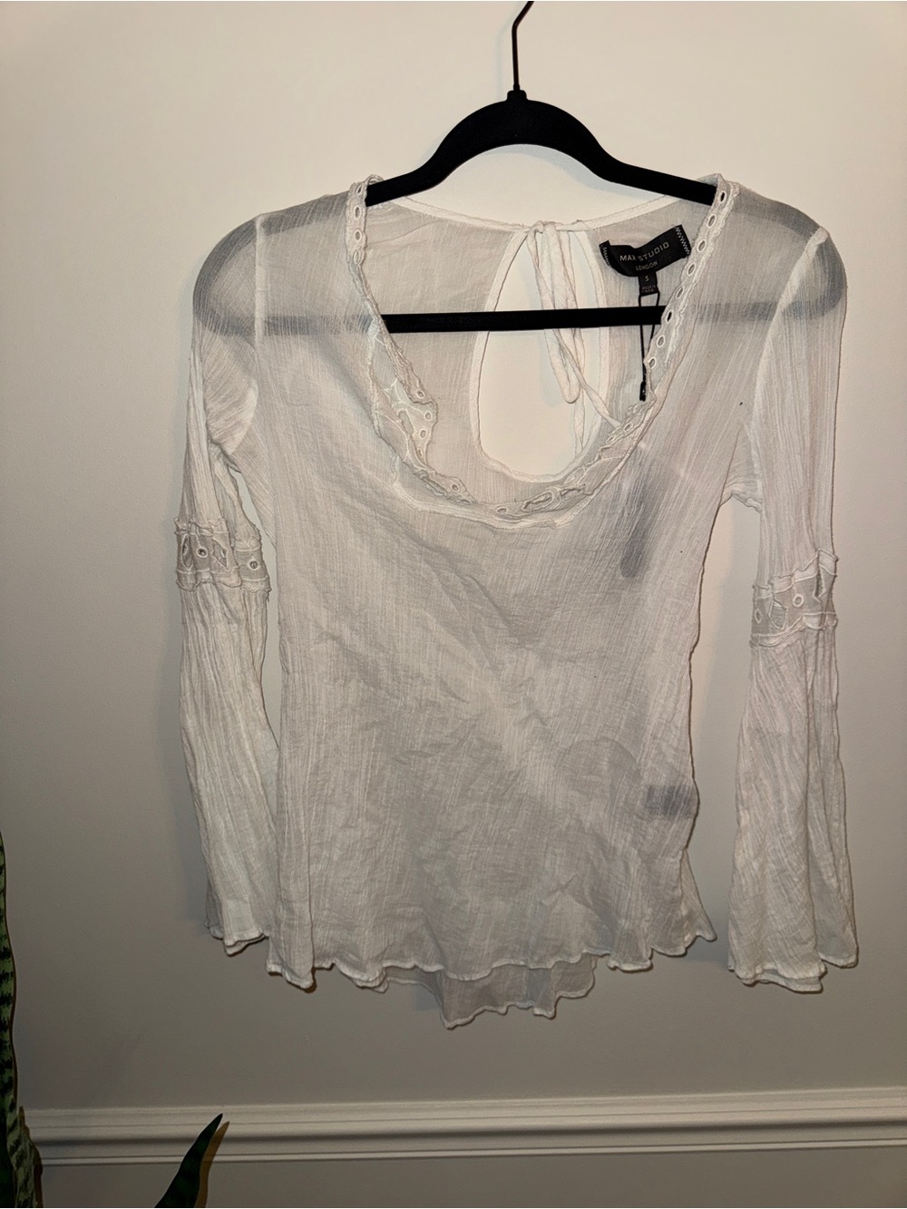 Marc Bouwer White Sheer Long-Sleeve Scoop Neck Eyelet Top